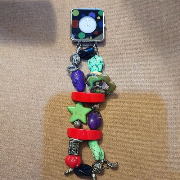 Handmade Narmi Square Polka Dot Watch With Colorful Beaded Stretch Bracelet - Picture 2 of 8